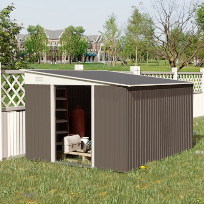 Outsunny 11x9ft grey metal pent roof shed in a garden with the sliding doors open