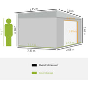 Dimension diagram showing 345 x 280 cm and a roof sloping from 201 cm to 169 cm