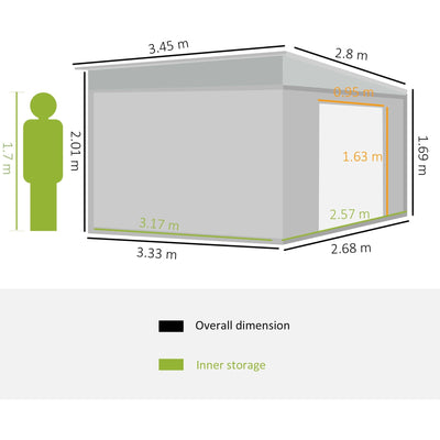 Dimension diagram showing 345 x 280 cm and a roof sloping from 201 cm to 169 cm