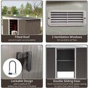 Feature panel showing the sloped roof, two vents, padlock hasp and double sliding doors