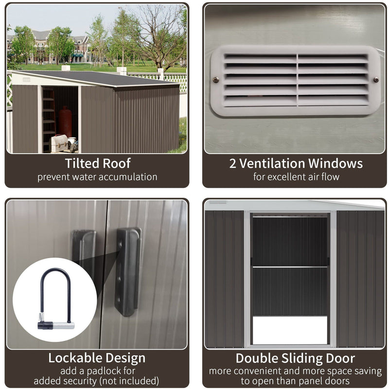 Feature panel showing the sloped roof, two vents, padlock hasp and double sliding doors