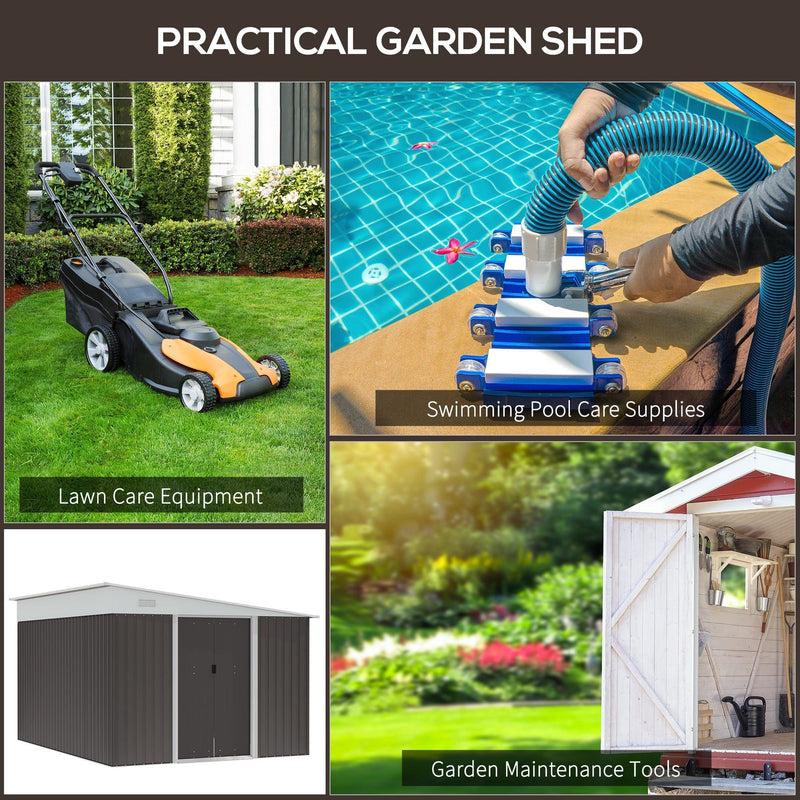 Collage of lawn care equipment, garden tools and pool care kit stored in the shed