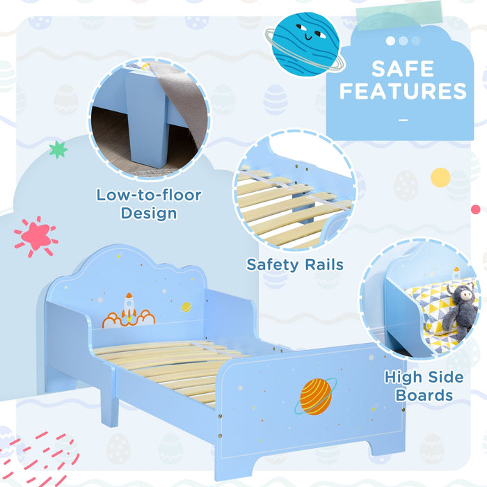 Blue Toddler Bed: Rocket & Plants Patterns, Safety Rails