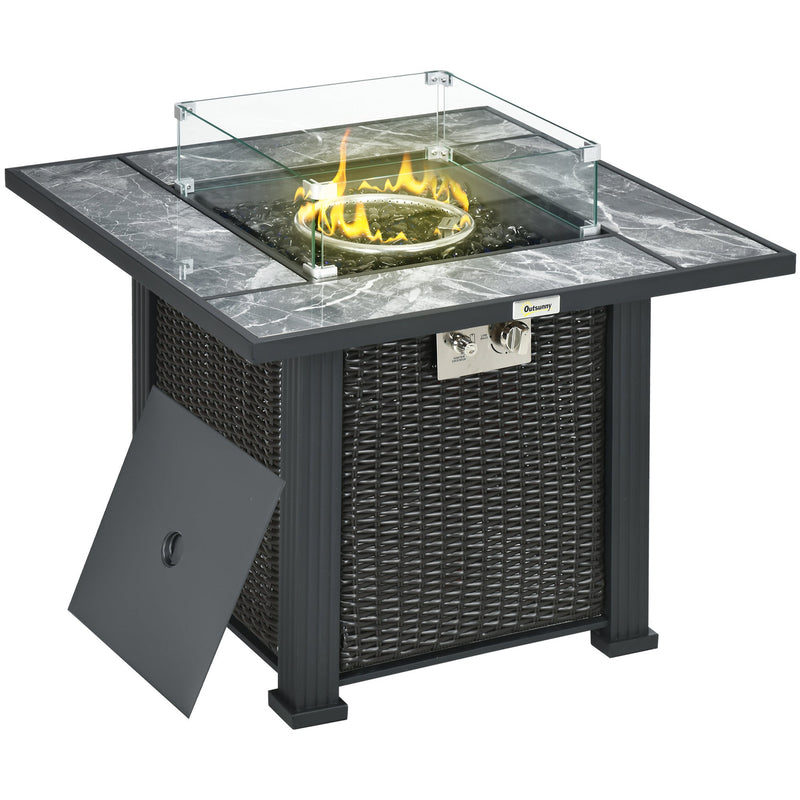 Rattan Gas Fire Pit with Marble Top Black