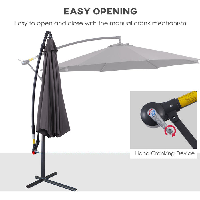 Cantilever Garden Parasol 3M Banana Umbrella Overhanging Sun Shade With Crank and Tilt - Grey