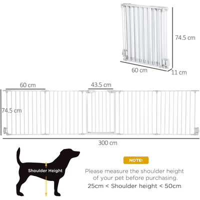 Pet Gate With Door, Pet Playpen, L300 x H74.5 cm, White Homcom