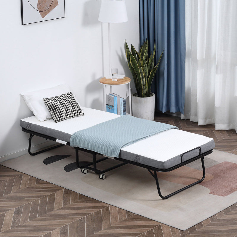 Folding Guest Bed With Mattress, Sturdy Metal Frame, Wheels