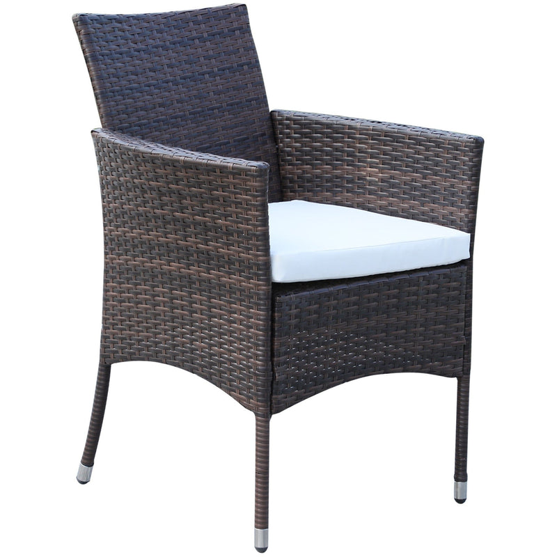 Image of brown rattan 6 seater patio table and chairs dining set with cream cushions