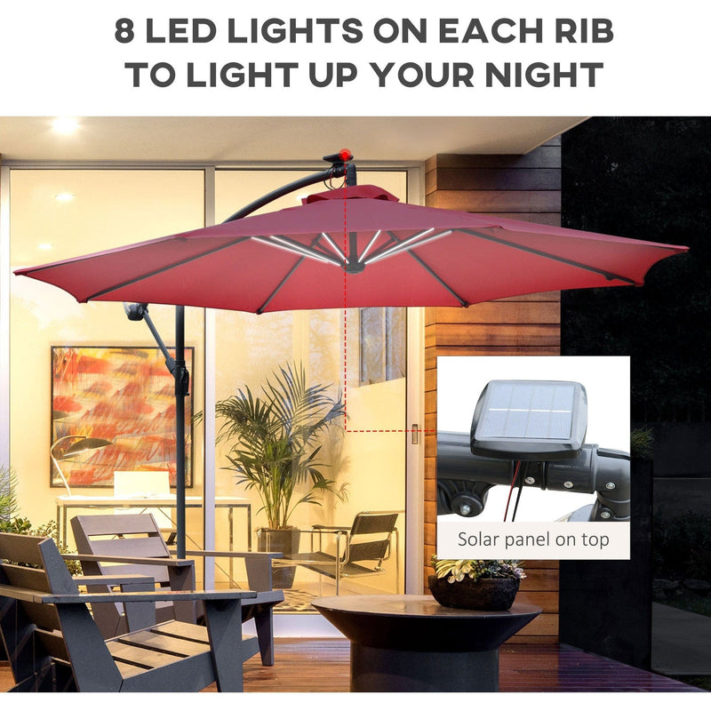 3m Banana Cantilever Patio Umbrella With Lights, Cross Base