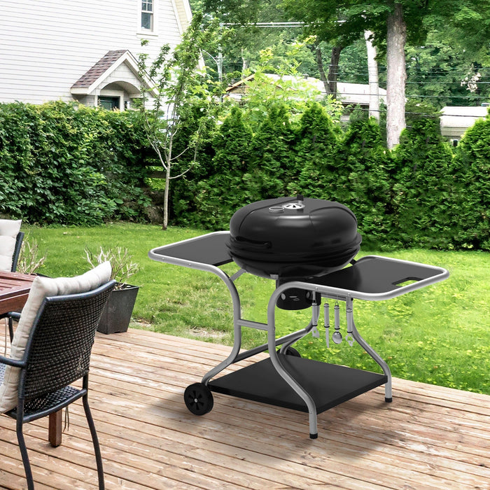 Charcoal Trolley BBQ with Wheels, Side Trays, Hooks