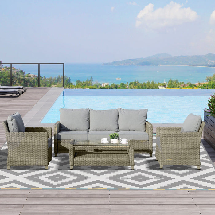 4 Piece Rattan Patio Set with Cushions & Tea Table