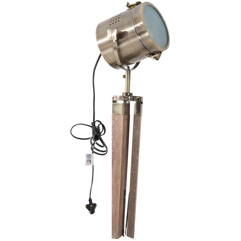 Vintage Brass Tripod Table Lamp, Spotlight, Wooden Base