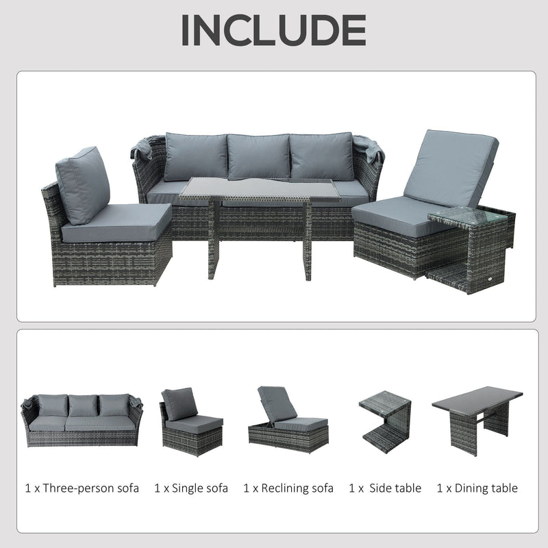 5 Seater Rattan Garden Sofa Set With Canopy, Grey
