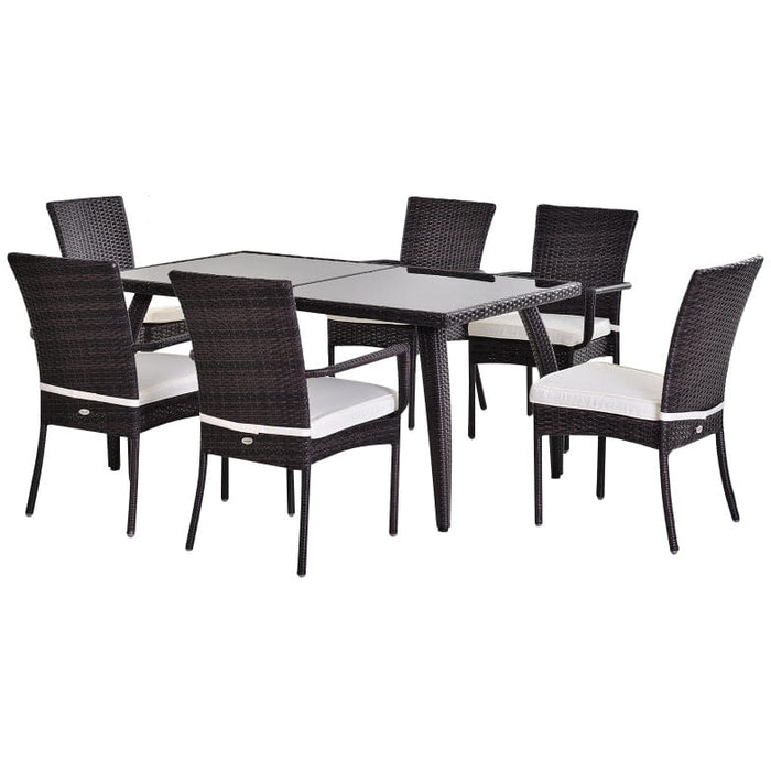 6 Seater Rattan Dining Set with Glass Table, Brown