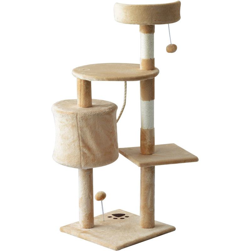 "114cm Beige Cat Tree: Sturdy House for Climbing and Play"