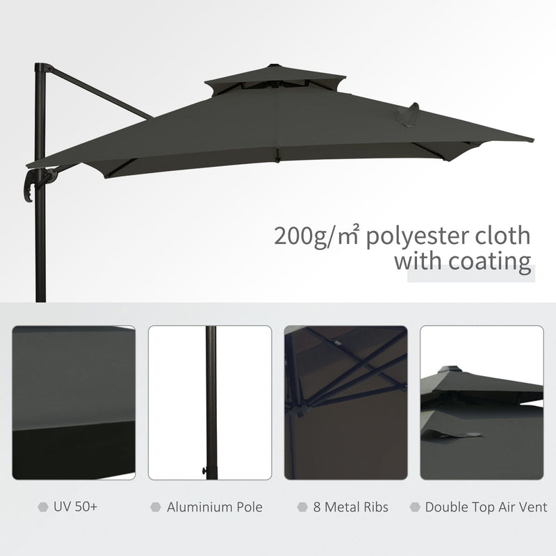 Roma 3m Square Cantilever Parasol With Base, Grey Outsunny