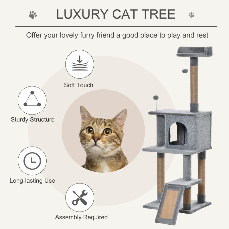 142cm Cat Tree, Climbing Centre, Jute Post, Condo, Grey