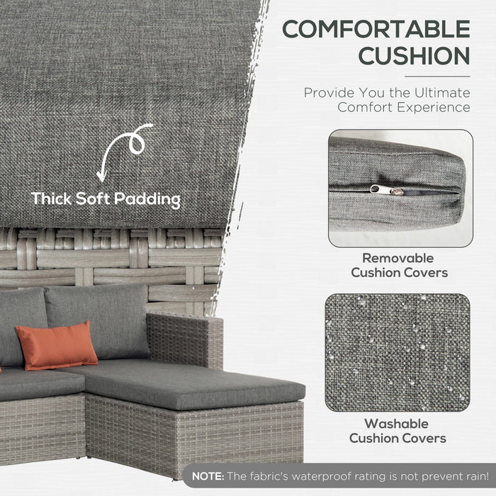 3 Piece Rattan Corner Sofa Set with Glass Table, Grey