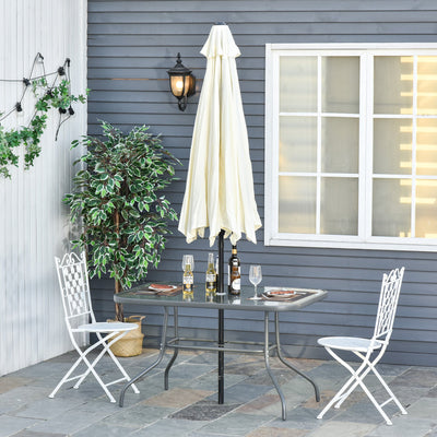 Outsunny Glass Top Garden Table Curved Metal Frame w/ Parasol Hole 4 Legs Outdoor  Balcony Sturdy Friends Family Dining Table  -Grey Outsunny