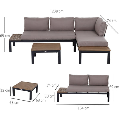 3Pc Aluminium Garden Furniture Set, Coffee Table, Mixed Grey Outsunny