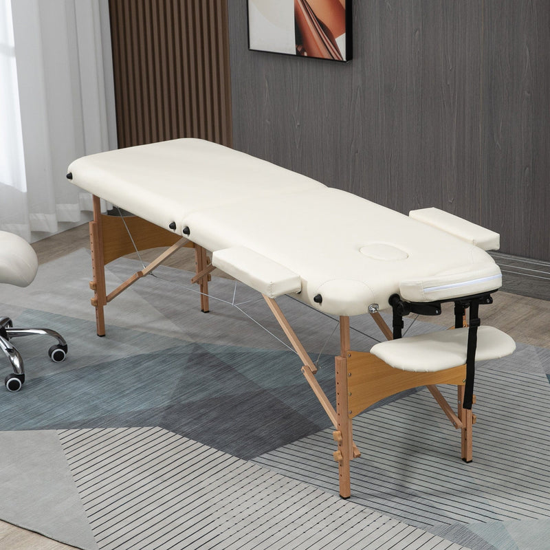 Cream Portable Massage Bed, 2 Sections, Wooden Frame, Bag