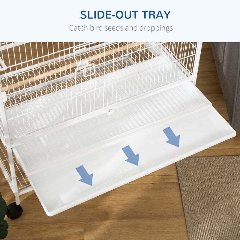 PawHut Large Bird Cage Aviary for Finch Canaries, Budgies with Rolling Stand, Slide-out Tray, Storage Shelf, Wood Perch, Food Containers, White Pawhut