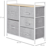 HOMCOM 5 Drawer Linen Basket Storage Unit Home Organisation w/ Shelf Handles Metal Frame Adjustable Feet Hallway Home Dresser Grey Homcom