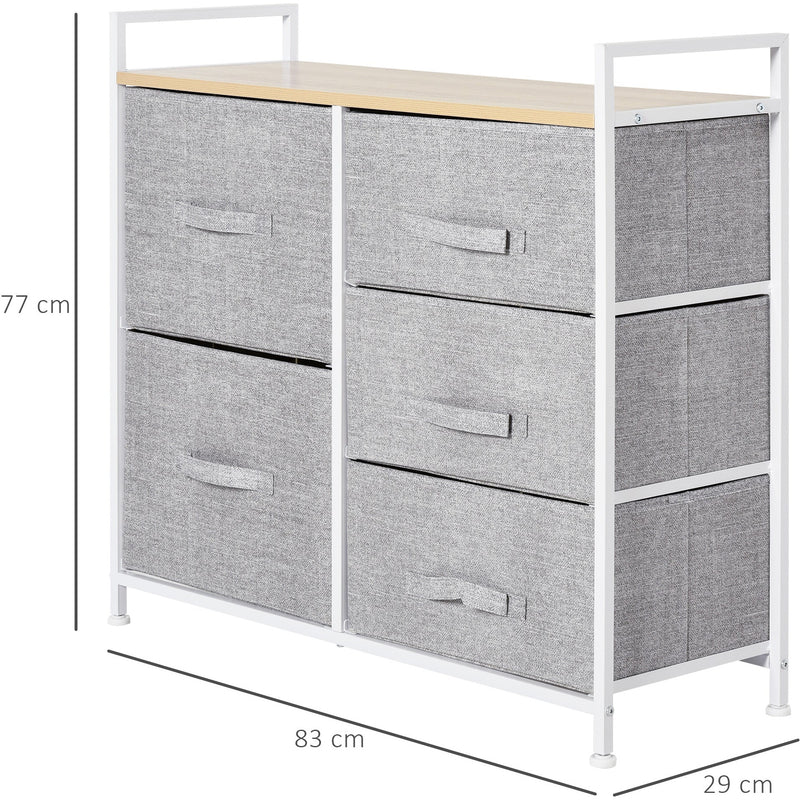 HOMCOM 5 Drawer Linen Basket Storage Unit Home Organisation w/ Shelf Handles Metal Frame Adjustable Feet Hallway Home Dresser Grey Homcom