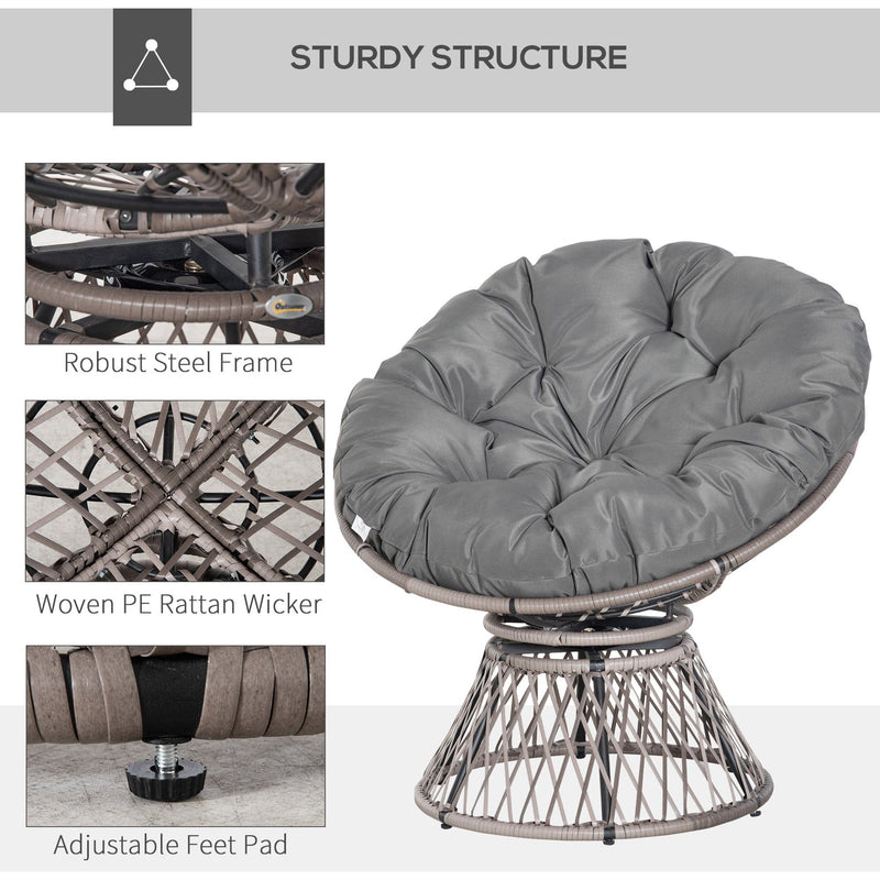 Outsunny 360° Swivel Rattan Papasan Moon Bowl Chair Round Lounge Garden Wicker Basket Seat with Padded Cushion Oversized for Outdoor Indoor, Grey Outsunny