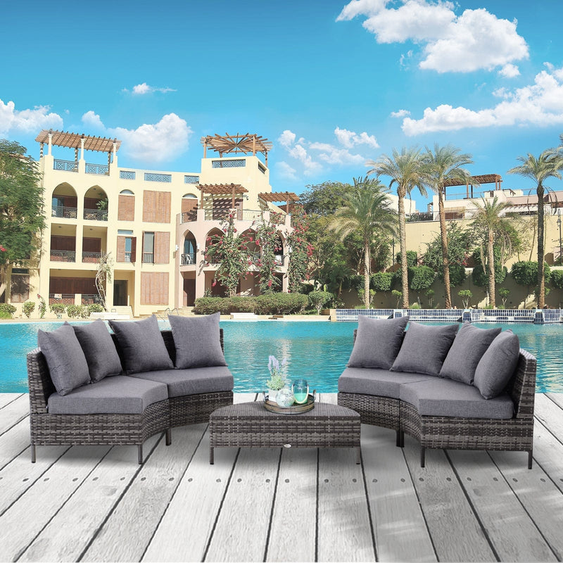 4 Seater Half Moon Rattan Sofa & Table Set, Grey Outsunny