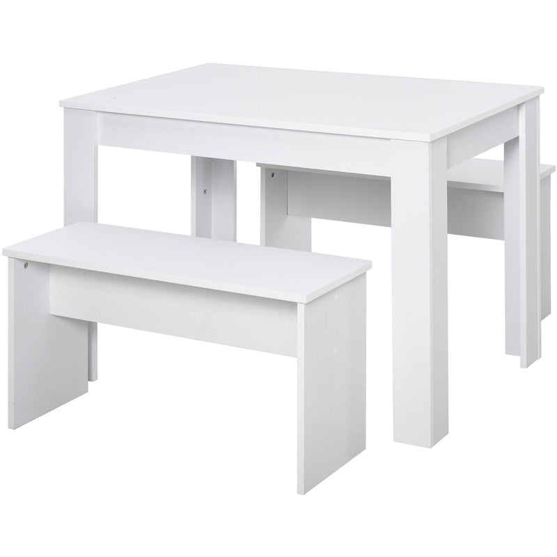Kitchen Dining Table, 2 Benches Set, White, Space-Saver