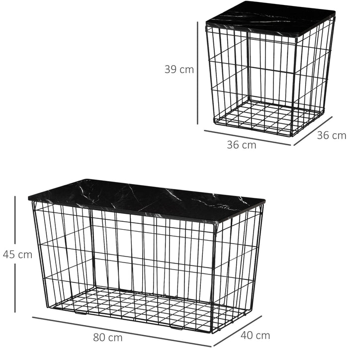 2 Piece Side Table Set with Wire Storage Basket