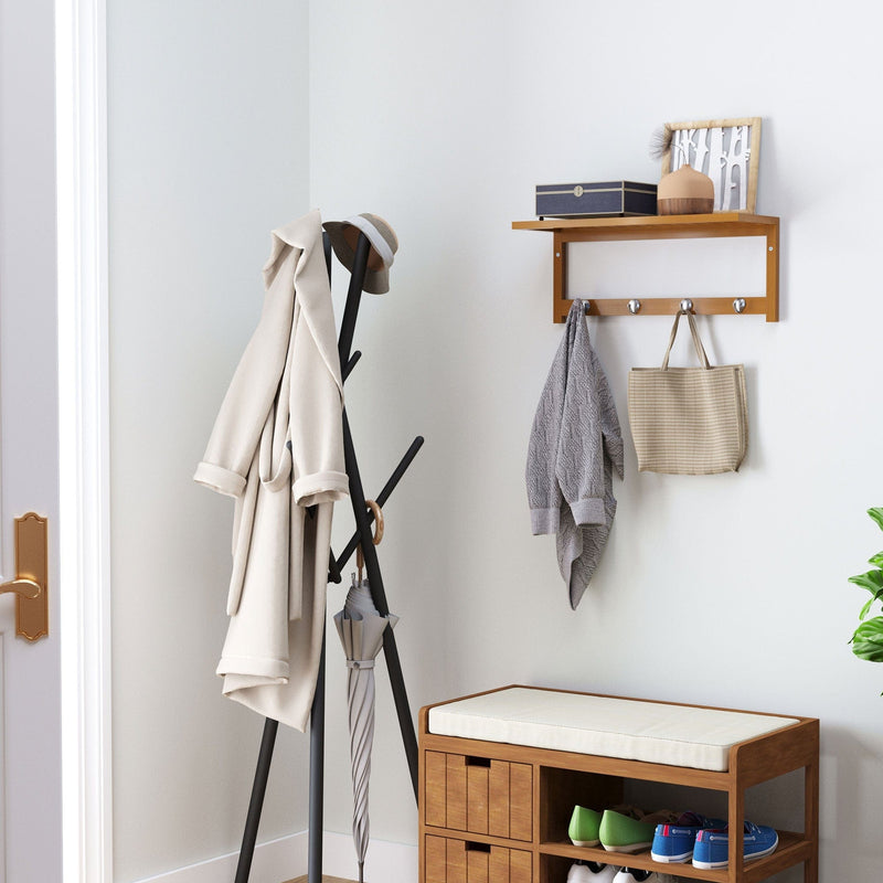 Wall Mounted Coat Rack with Rail and Shelf, 4 Hooks, Bamboo