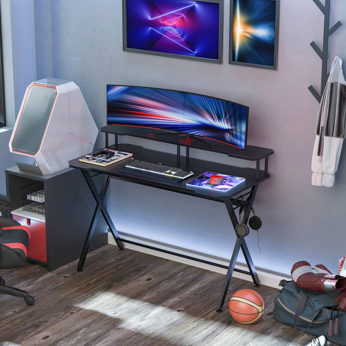 Gaming Desk With Shelves, X Frame, Headphone Hook, Black