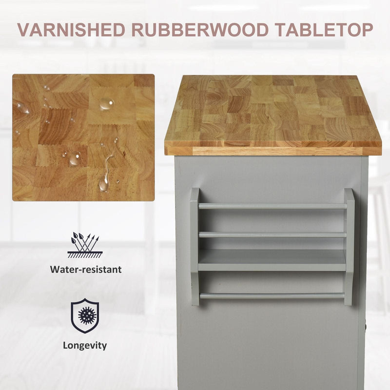 Kitchen Island on Wheels, Rubber Wood Top, Storage, Grey