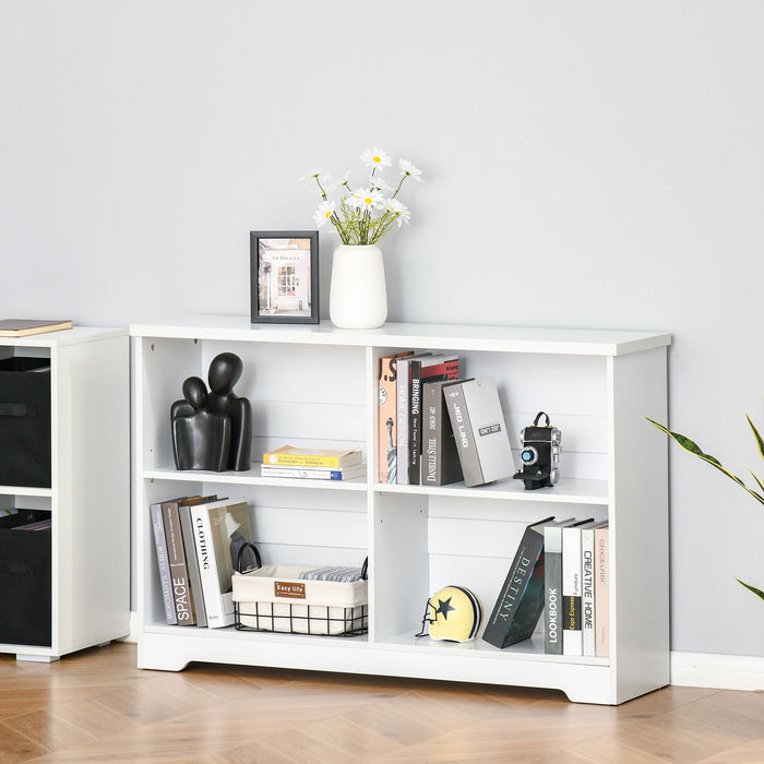 White 4-Compartment 2-Tier Low Bookcase