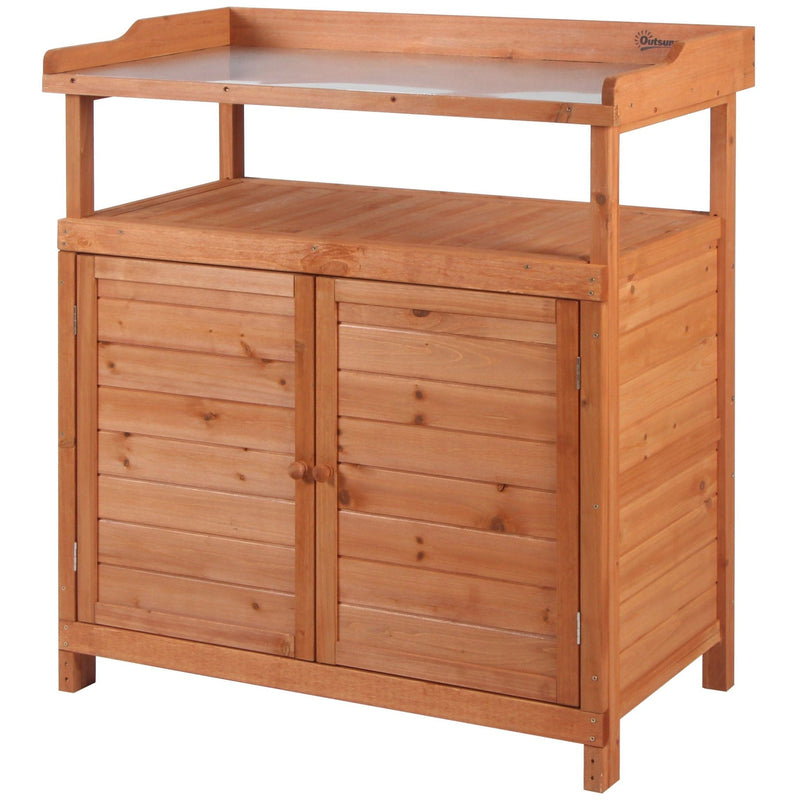 Potting Bench With Cupboard, Galvanized Top - 98x47x105 cm Outsunny