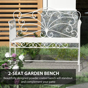 Outsunny Garden 2 Seater Metal Bench Park Seating Outdoor Furniture Chair w/ Decorative Backrest White Outsunny