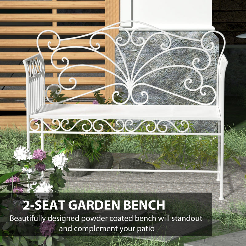 Outsunny Garden 2 Seater Metal Bench Park Seating Outdoor Furniture Chair w/ Decorative Backrest White Outsunny