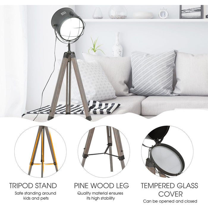 Industrial Tripod Floor Lamp, Wooden Legs
