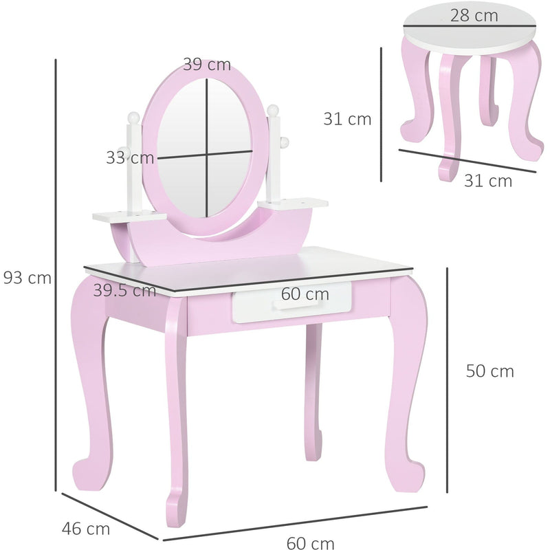 Pink Kids Vanity: Dressing Table, Mirror, Stool, Round Legs