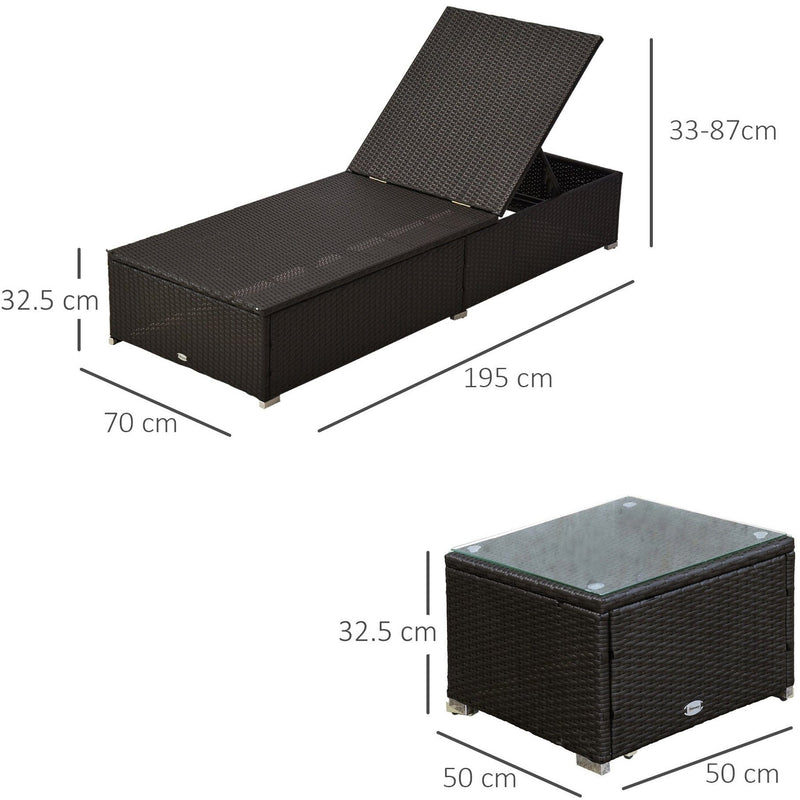 3PC Rattan Sun Lounger Sets, Side Table, Dark Coffee