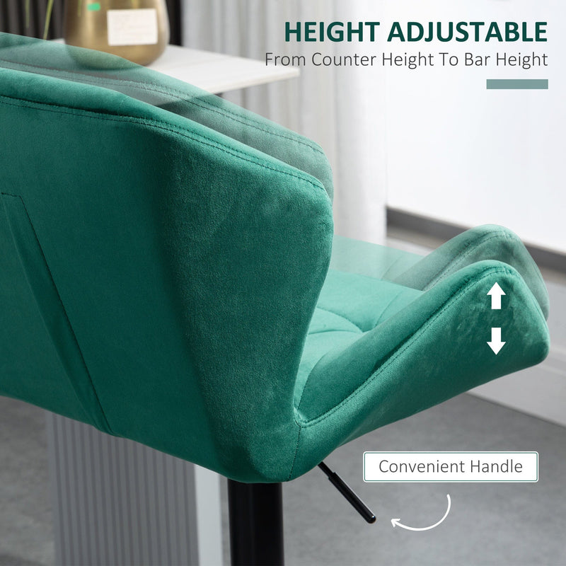 Set of 2 Kitchen Bar Stools With Backs, Green Velvet