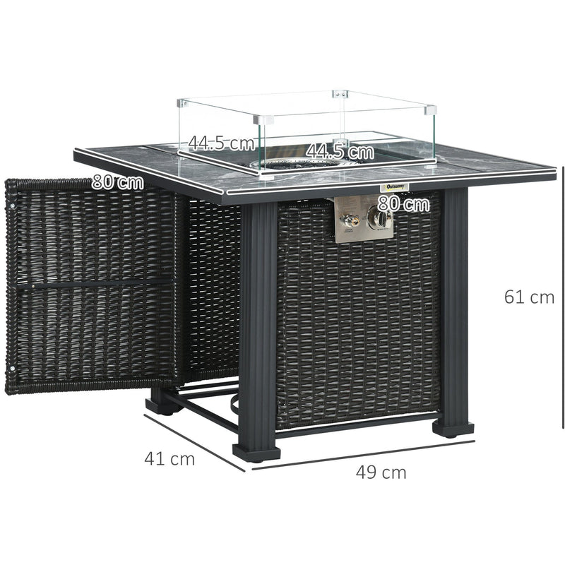 Rattan Gas Fire Pit with Marble Top Black