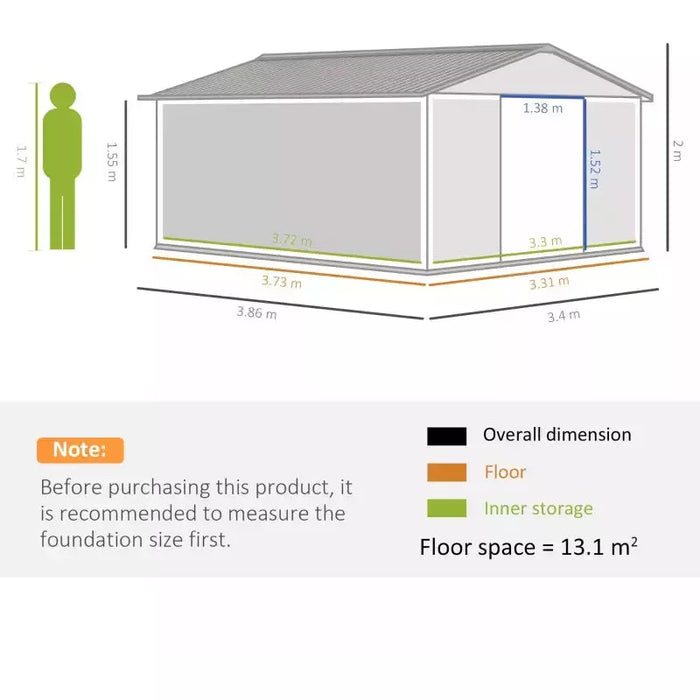 Large 13x11ft Metal Garden Shed - Grey