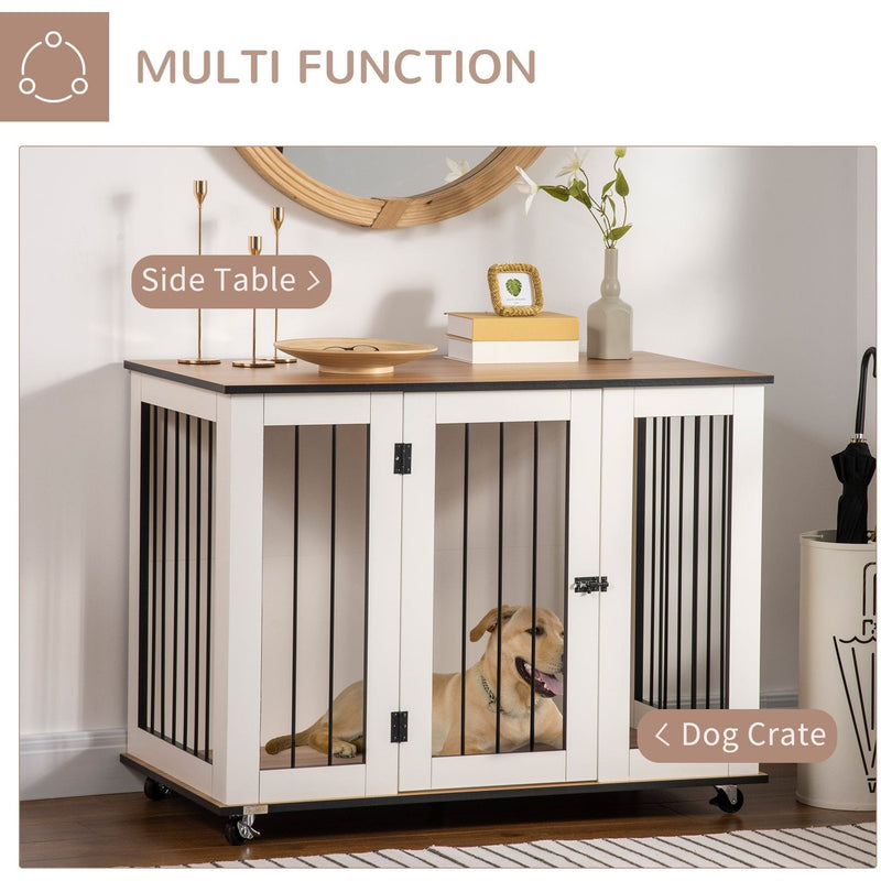 Large Dog Cage End Table with Wheels, Front Latch, White