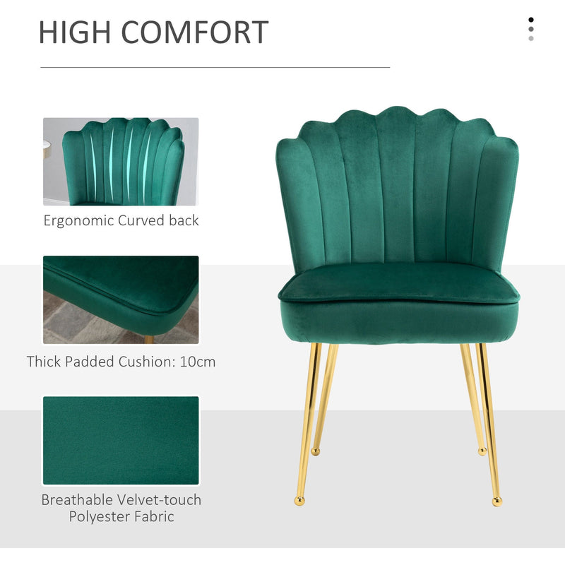 Green Velvet Shell Back Chair With Gold Metal Legs