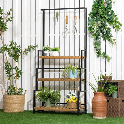 3 Tiered Plant Stand with Hanging Hooks for Indoor/Outdoor Outsunny