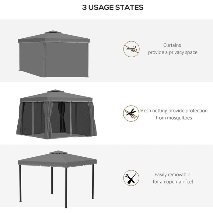 3x3 Gazebo For Patio, 2 Tier Roof, Mosquito Nets, Curtains