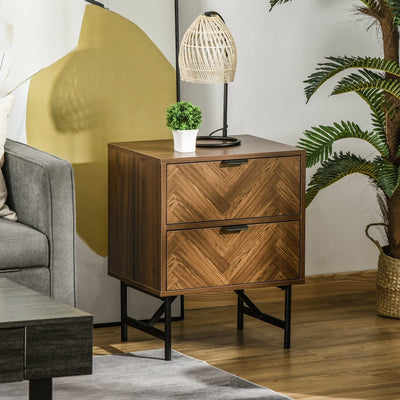 Walnut 2 Drawer Side Cabinet, Herringbone Pattern, For Home Homcom